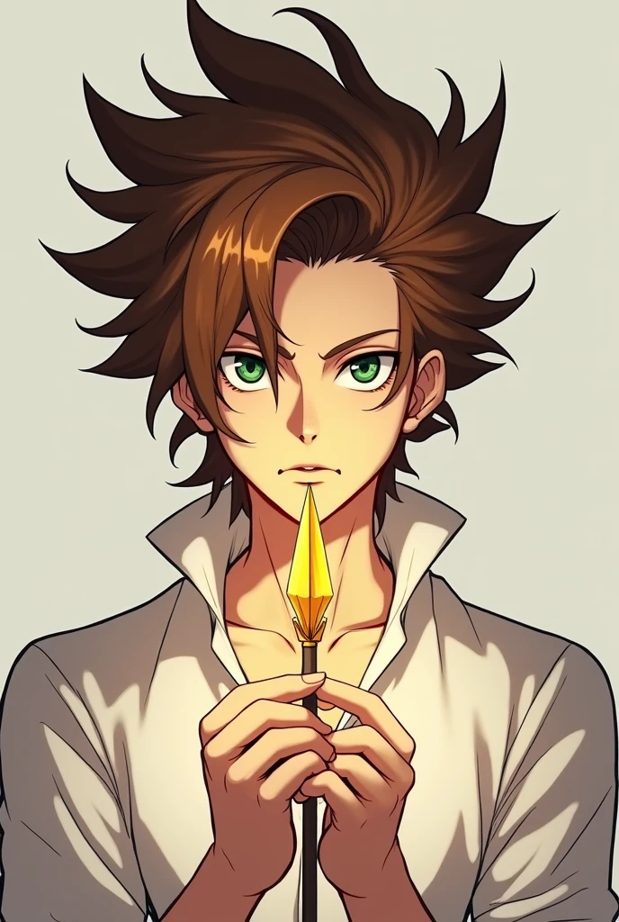 JoJo's Bizarre Adventure brown haired guy, with kakyoin and jotaro haircuts fusion, green eyes, white shirt holding an arrow with Golden Tip