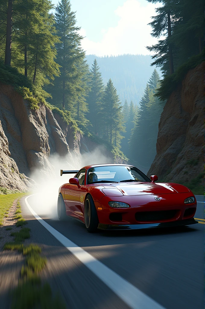 RX7 drifting on forest mountain