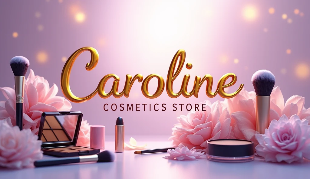 make a background image in the makeup segment of various types of makeup tools and cosmetics with the name in the center of the image, With name  ( Caroline Cosmetics Store in realistic gold, the background is lilac with a gradient with golden effects