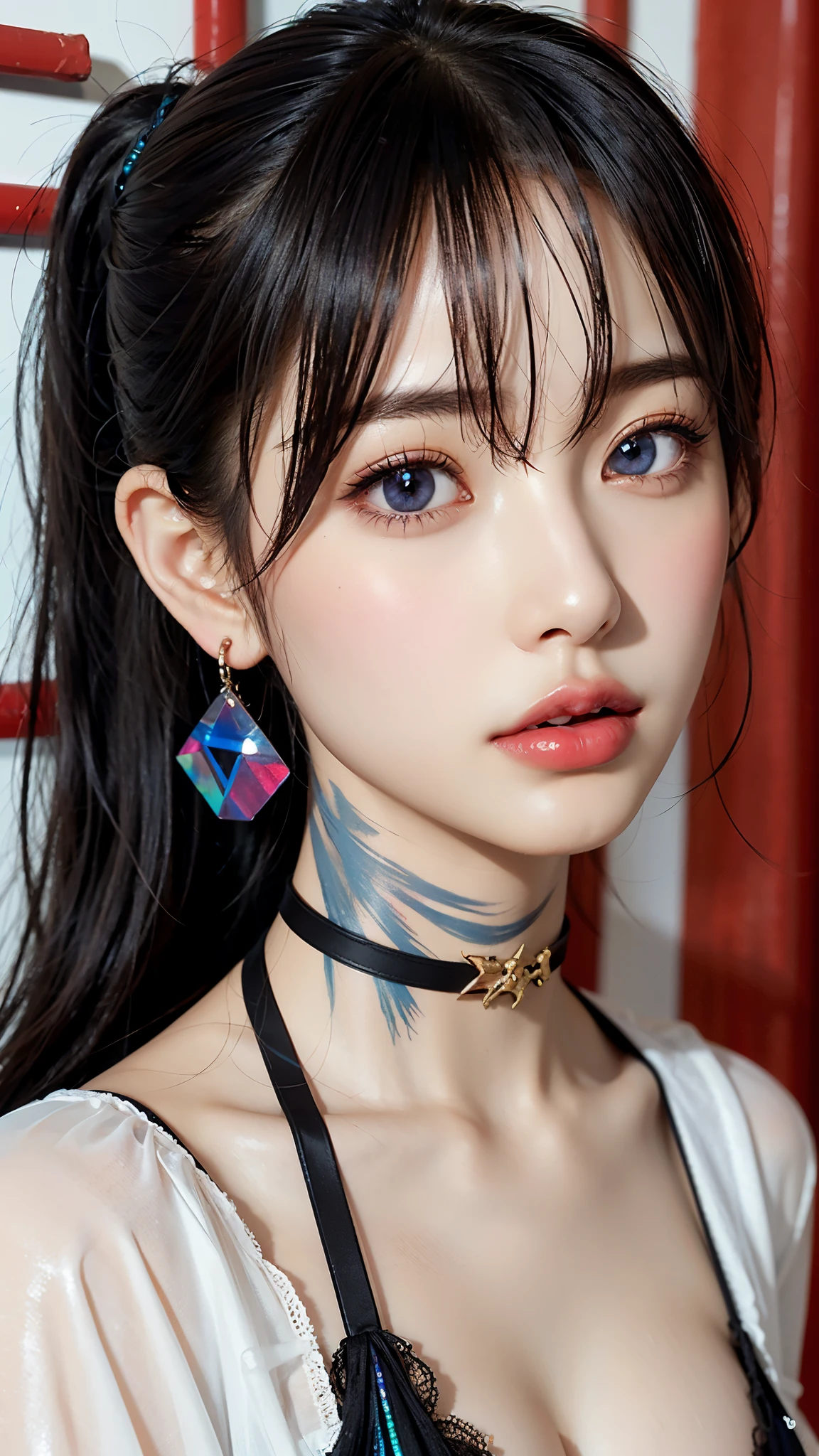 Hair above one eye, Red eyes, Clear Eyes, choker, Open jacket, Against the wall,Tire graffiti, Shineing tattoos, Shine, Neon Light, Black light,Anime Style, movie portrait photography, 1 female, 22 years ago, Whole Body Ezbian,Blue Eyes Background, Big and ample breasts, anger, (Scarlet Hair), Long Hair, Purple eyes, Wearing a short black dress, (Natural skin texture Sharp details, Surreal, (Realistic eyes, Natural skin texture, Realistic facial details), Soft and dramatic lighting, Written boundary depth, Bokeh, Sharp details, Surreal, 35mm movie, Blurred, movie,lipstick, ear piercing, eye shadow, Hoop Earrings, Red pink lips, Multicolored Red eyes, Purple Theme,Wear an iridescent aura,Beautiful Eyes,Standing in front of the red gate、Bold Pose、Strike a Pose,Top ponytail,drooping bangs,sit