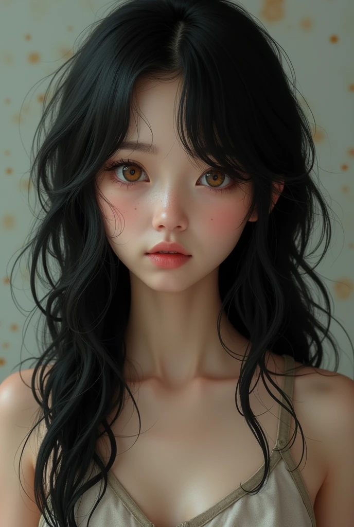 Imagine a very white girl, long wavy black hair.
big honey colored eyes.
age 20 years.
rough appearance