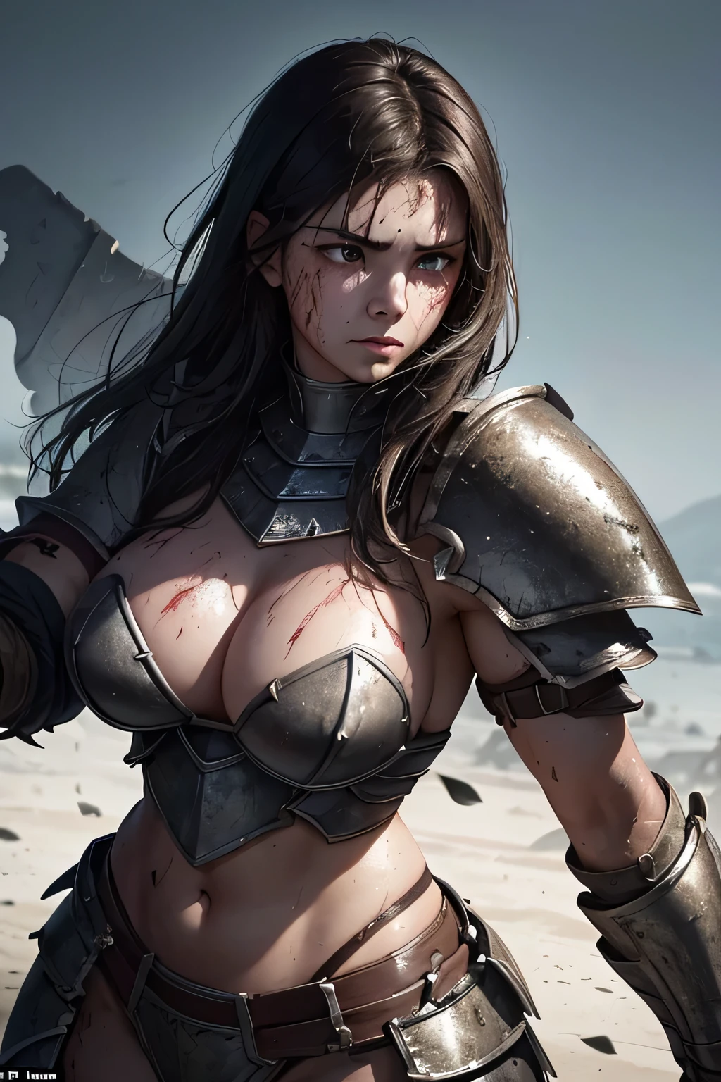 A young and beautiful, muscular female heavy-armored warrior in massive, thick, blood-splattered plate armor, caked with mud and deeply scratched from countless battles, removed, reveals a sweat-soaked face, with blood and dirt streaking her youthful features. She takes a deep, labored breath, gripping a colossal, battle-worn axe, standing resolute and unyielding, a striking image of strength and beauty after a brutal fight