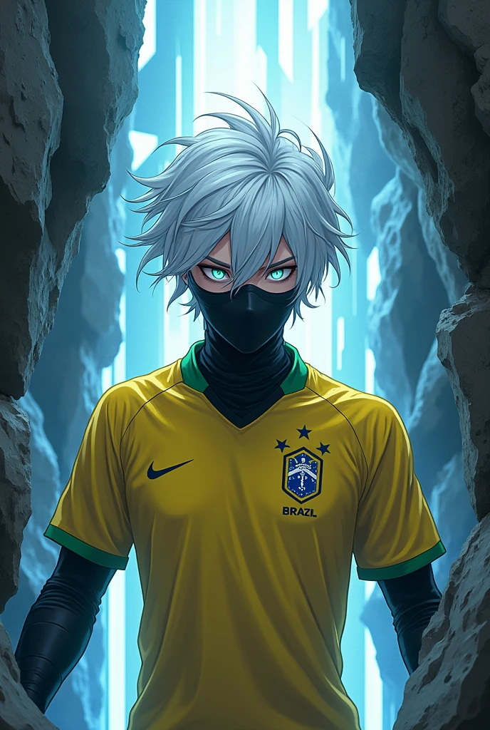 Male anime-type character with white hair coming out of rock lights in his eyes with black mask wearing a yellow Brazil team shirt from the 2022 World Cup
