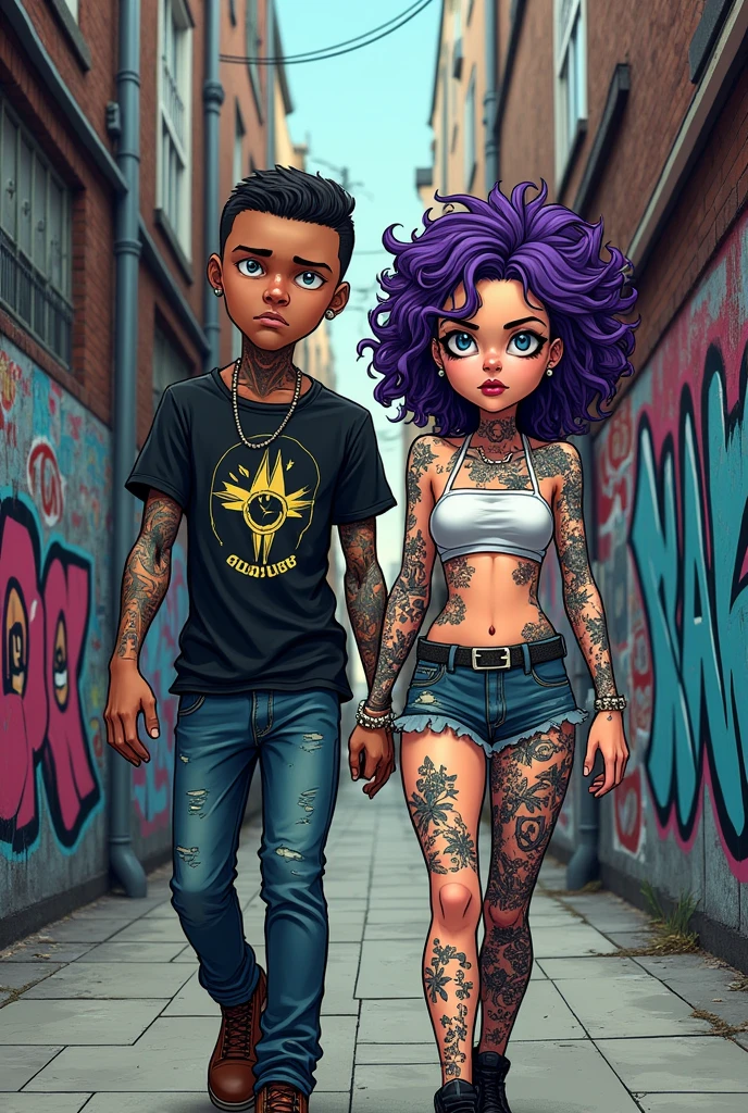 Create a punk cartoon image of a couple walking down a graffiti-filled street, the hip hop style boy and the gothic style girl, that the design is a kind of cyberpunk illustration but in cartoon form, The two tattooed and white with serious and gloomy faces, Like the Gorillaz band illustrations with a darker effect and like the Love Death and Robots illustration in The Witness but not as cartoonish.., That's not realistic, 90s style illustration and the girl with curly purple hair and piercings with so many cyberpunk anime style tattoos, That's nothing but Gorillaz Noodle type As hand drawn with crayon
