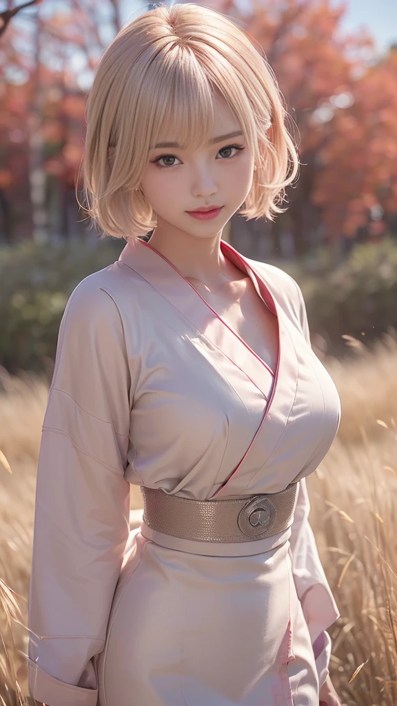 (Ultra high definition,Very sophisticated,Perfect Face,Age is 16,Highest quality,Realistic raw texture,Realistic,Natural smile,Pink platinum blonde,Sexy hairstyle:1.5),(Slender and exquisite physique,Stylish thin eyebrows,Big Breasts:1.2),(see through,Japanese clothing,Hanbok,Chinese clothing,Traditional Kimono,Short-haired rabbit ears,I can see your chest:1.4),(perfect body,perfect proportion,The torso is short,Red full moon and silver grass background,Time: Night:1.3),
