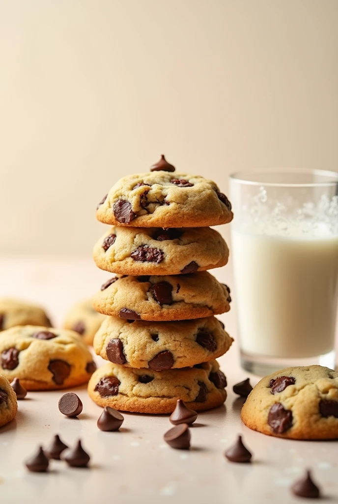 chubby chocolate chip cookies ,in a column, and some cookies around it, With more details, Characteristics, Crispy, golden brown, a glass of milk