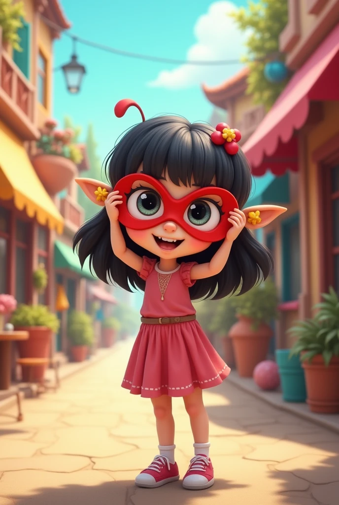 Make a cartoon with the theme of a girl trying to hide behind a mask
