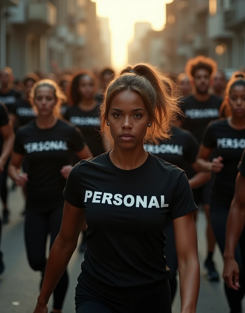 {photorealistic image capturing a group of physical education instructors from bodybuilding gyms, depicted as a heroic force advancing through the streets towards victory. The group consists of 80% brown and black women, 20% white, brown, and black men, along with two white women with blonde hair tied back. All are dressed in black t-shirts with "PERSONAL" written across the chest. The scene is set in a gritty urban environment at twilight, with dramatic, moody lighting that creates a powerful, heroic atmosphere. The instructors are posed dynamically, their expressions full of determination, as if on the brink of a great victory. The image is heavily inspired by Zack Snyder's visual style, with a desaturated color palette, deep contrasts, and a cinematic filter that adds a sense of epic scale and intensity. Captured with a high-end professional camera, the image is ultra-sharp and detailed. The scene is rendered in ultra-high resolution, ensuring every element is depicted with stunning clarity and impact.}