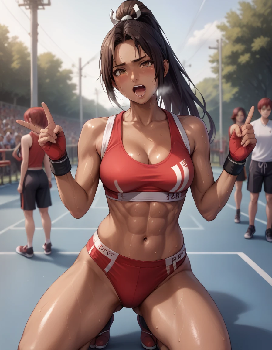 drunk,Crotch bite、Digging into the crotch、、wet legs、Ponytail Mai Shiranui,  (dark-skinned female:1.9)、、Escape to, score_9, score_8_upper, score_7_upper, score_6_upper, score_5_upper, score_4_upper、Inspired by Japanese manga style, Manga style, How to draw manga, Digital drawing, An 8K masterpiece depicting a Japanese manga about girls in their twenties, Act as a slave,, . , shortness of breath, , close your eyes, , Sweaty. . My open fingers are rough. whole body. . Six Pack Abs. . information. Surrounded by a crowd.full body、drunk、score_9, score_8_up, score_7_up,
(masterpiece, best quality:1.2), 8k, RAW photo, photo realistic, ultra detailed, depth of field, perfect anatomy, looking at viewer, 
1girl, , pretty girl, medium breasts, navel, shiny skin, , toned body,sweat,
sports bra,red  briefs,,sultry, seductive,sexy pose,
sports gym,8K masterpiece depicting a Japanese manga about girls in their twenties, Act as a slave, Anguished expression, A gesture of defeat, . She is crying and screaming. , shortness of breath, , close your eyes, fatigue, Sweaty. . My open fingers are rough. whole body. . Six Pack Abs. . information. Surrounded by a crowd.full body