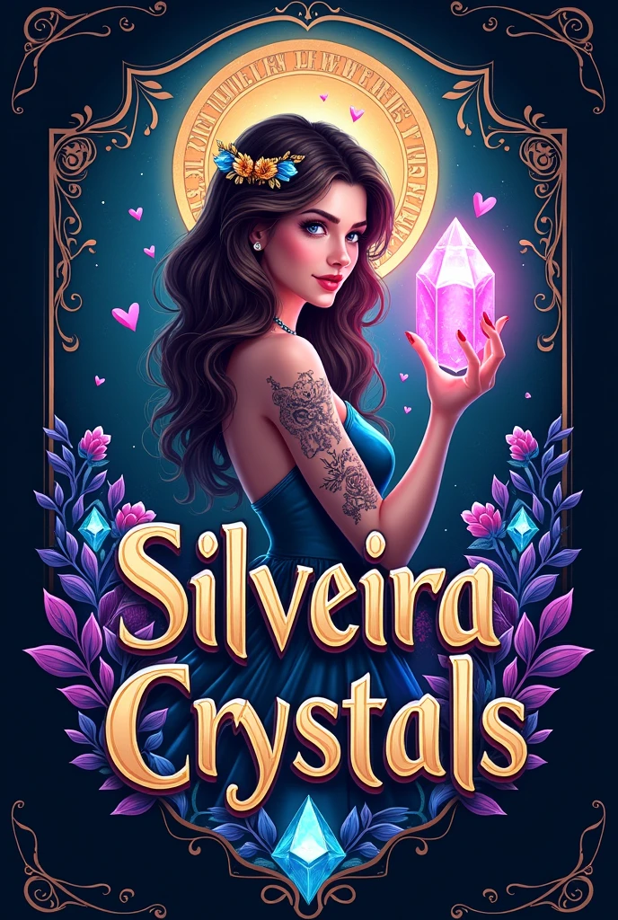 commercial logo with the name Silveira Crsytals written with drawings in crests and quartz and hearts and with a woman with one of the crystals in her hand with a tattoo on her arm of the world of wonders and checkered squares, and a little bit of nature like trees and plants with a magical background with colorful colors