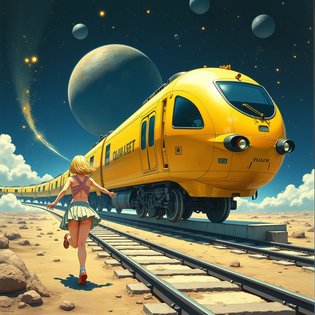 Viviano Codazzi,Train rails stretching into space、Lack of ground、A golden train running through space、Golden Galaxy Express 999、Golden Shiny Train、 Katsuhiro Otomo, Surreal, mysterious, strange, Fantasy, Fantasy, sf, Japanese anime, spherical building, cross section, perspective, perspective drawing, Moving vanishing point, Beautiful blonde Alice in a mini skirt running as a sphere, superior, end, left, right, Soap bubble, A masterpiece with attention to detail