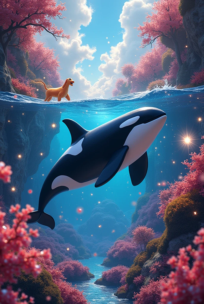 Animated orca in a poorly edited magical world with colorful and shiny things from a Disney movie with too much fantasy and too much magic