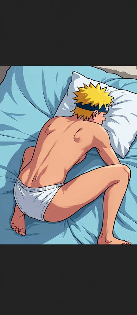 naruto hot baby BOY shota wearing underwear white with big bulge dick while holding her legs on the bed showing big ass hole 