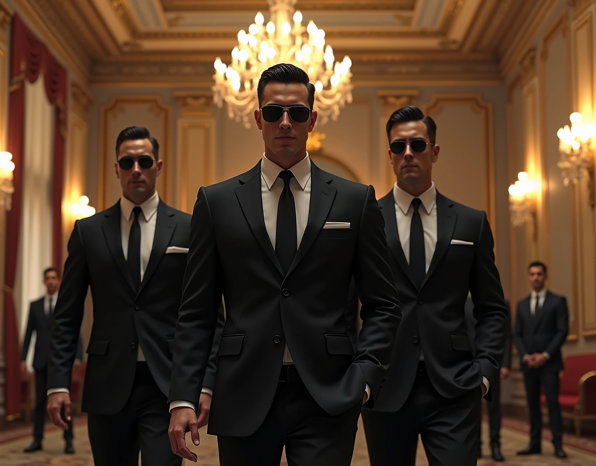 Make an image for a group of male security guards dress in black formal suits, black dress shoes, and dark sunglasses inside a mansion ballroom