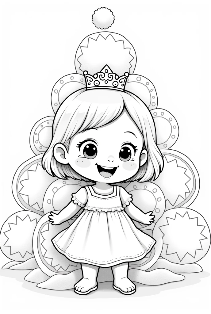 A happy baby girl wearing a white dress and crown, and behind her there are a series of circles decorated in a pyramid shape, a high-detailed two-dimensional drawing with outline