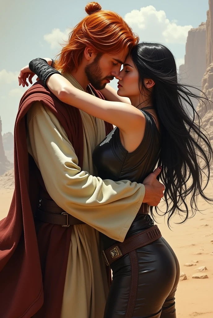 Male Red haired Jedi hugs a female blackhaired bounty hunter very tight