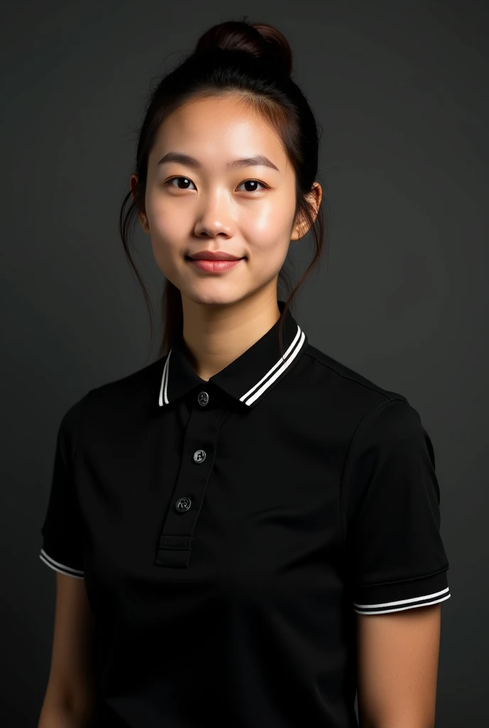 I need a photo of a person wearing a black polo shirt with a striped collar.