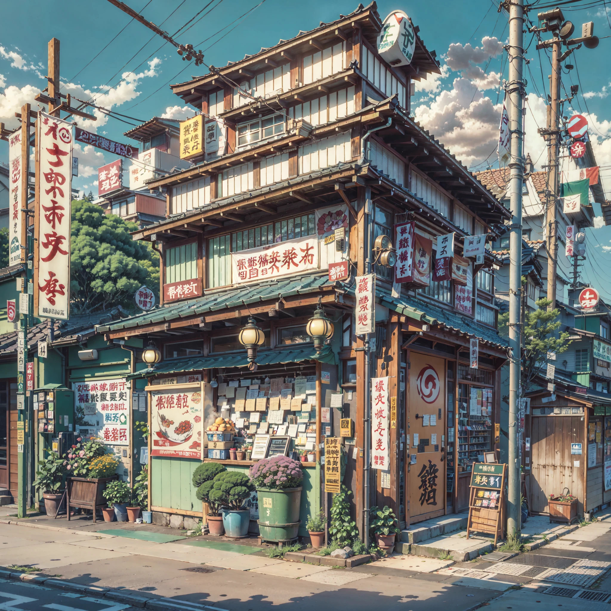 urban Japanese street next to stream of water, traditional Japanese lantern, (no one: 1), no one in sight, no people, best quality, anime, anime style, lofi, calm, row of buildings next to river, anime background, anime wallpaper, anime, anime style, lofi, lofi style, modern japanese street, modern japanese architecture, japanese convenience store, big retro japanese shop signs, retro japanese store, trees, plants, rocks, plant pots, shop signs, japanese banners, japanese signs, flags, empty street, no one in sight, (no one: 1), best quality, sun in sky, gloomy weather, dramatic weather, river next to buildings, compact, japan, anime background, anime wallpaper, close angle
