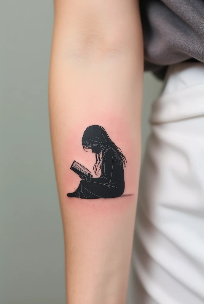 **Description détaillée pour le tatouage :**
- **Silhouette** : Une seule enfant, une fille avec des cheveux longs, assise en train de lire un livre. Ses cheveux tombent délicatement sur ses épaules, représentés par des lignes douces et naturelles.
- **Style** : Minimaliste, utilisant des lignes fines pour les contours de la silhouette. Aucune zone remplie de noir, pour un effet léger et épuré. Le dessin reste discret tout en étant expressif.
- **Taille** : Conçu pour l'avant-bras, le tatouage est de taille modérée, suffisamment petit pour rester discret mais avec assez de détails pour être significatif.
- **Couleurs** : Le tatouage est uniquement en noir, sans couleurs vives ni ombrages lourds. Le dessin reste sobre, avec une approche minimaliste.