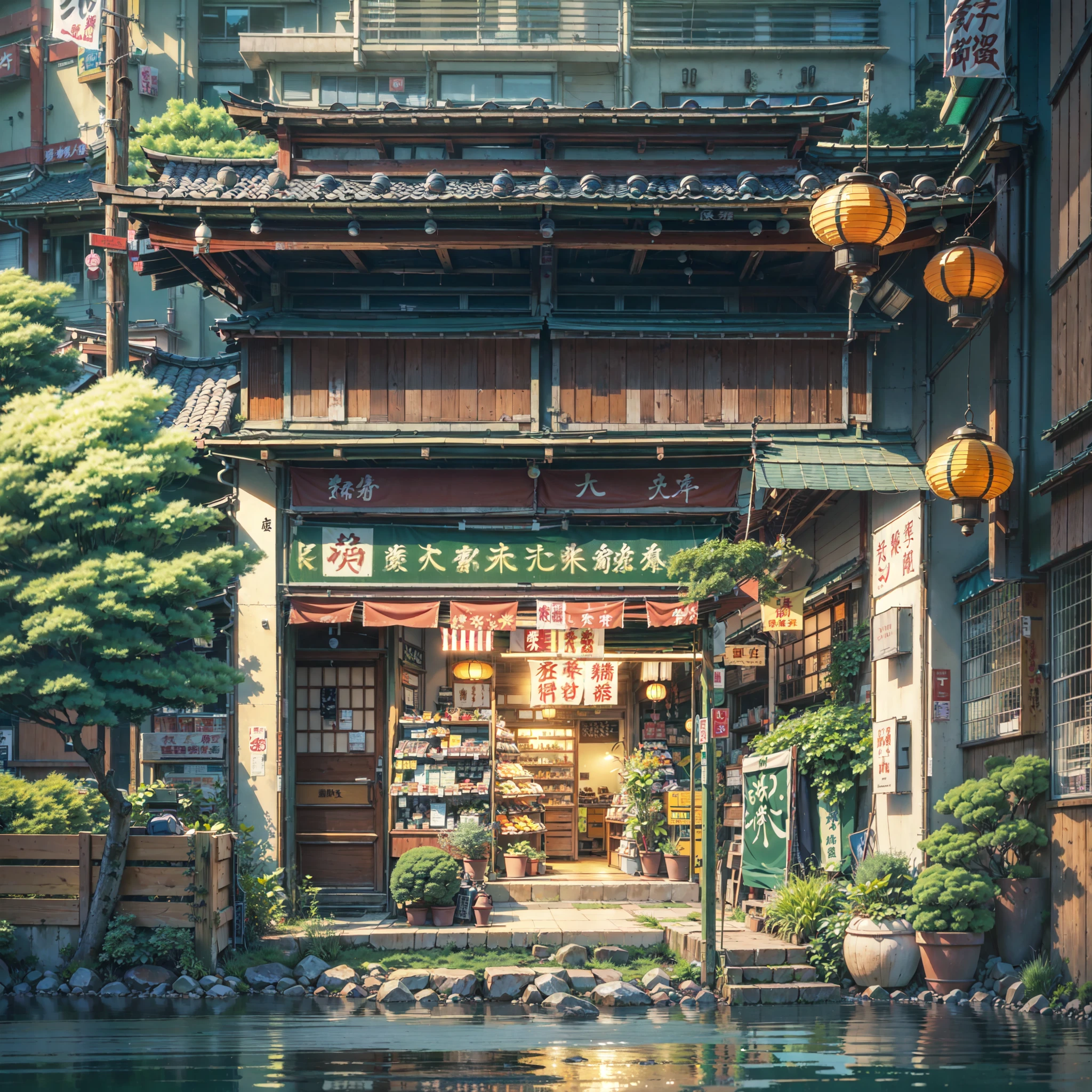 urban Japanese street next to stream of water, traditional Japanese lantern, (no one: 1), no one in sight, no people, best quality, anime, anime style, lofi, calm, row of buildings next to river, anime background, anime wallpaper, anime, anime style, lofi, lofi style, modern japanese street, modern japanese architecture, japanese convenience store, big retro japanese shop signs, retro japanese store, trees, plants, rocks, plant pots, shop signs, japanese banners, japanese signs, flags, empty street, no one in sight, (no one: 1), best quality, sun in sky, gloomy weather, dramatic weather, river next to buildings, compact, japan, anime background, anime wallpaper, close angle
