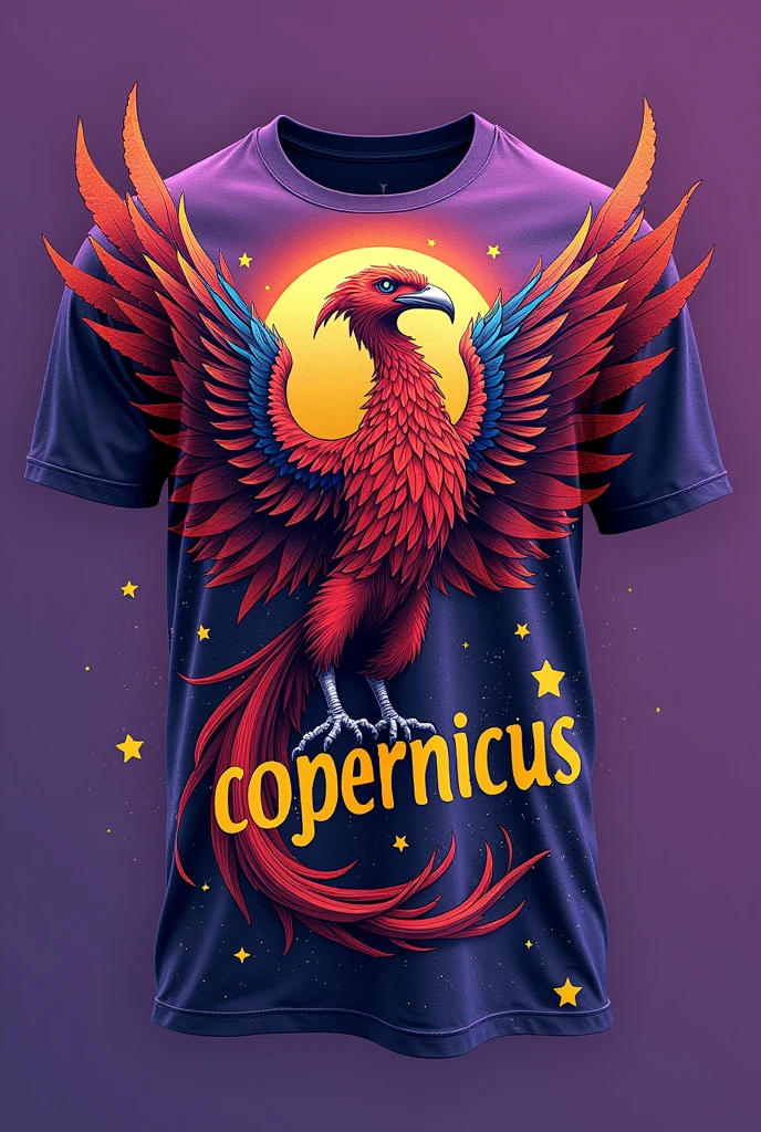 Make a purple t-shirt with the hem of a white t-shirt, with a red phoenix with blue details, oranges and yellows , writing "Copernicus" in yellow with a black outline with star details