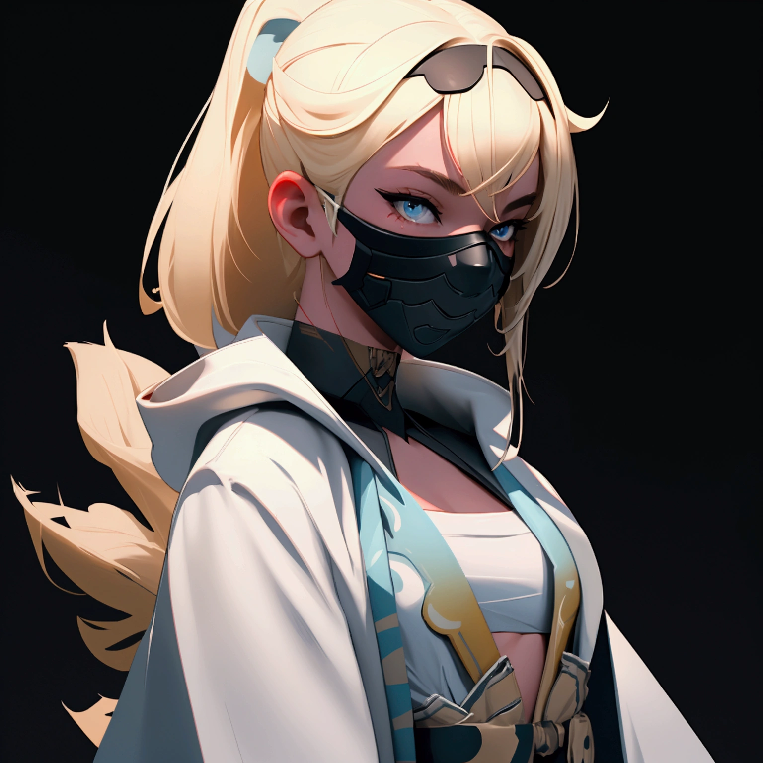 envision a 8k, highres, cinematic, beautiful close up portrait of a ninja girl with pretty features posing with a katana with blonde hair, a white camisole, black jacket with hood up with light armor plates, katana's on her back, black eye mask with white eyes , in dark lighting, against a dark gray background
