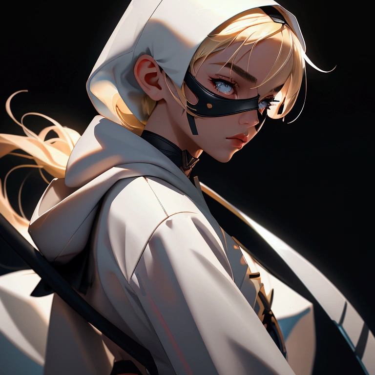 envision a 8k, highres, cinematic, beautiful close up portrait of a ninja girl with pretty features posing with a katana with blonde hair, a white camisole, black jacket with hood up with light armor plates, katana's on her back, black eye mask with white eyes , in dark lighting, against a dark gray background