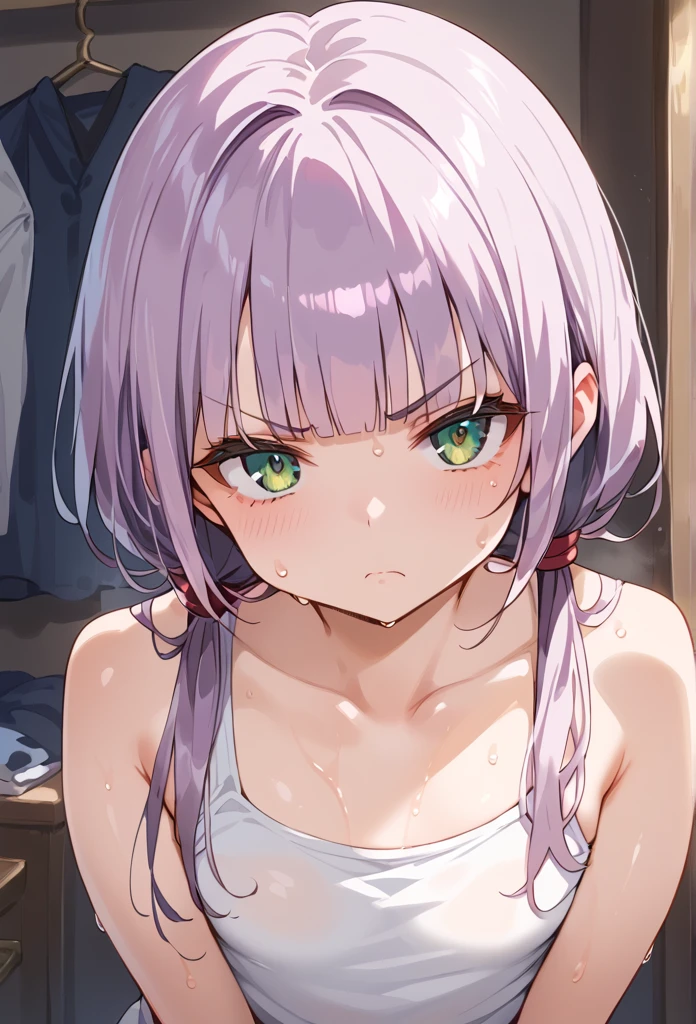 score 9, score 8 up, score 7 up,source_anime,masterpiece,beautiful eyes,textile shading, custics,extremely detailed CG, shiny skin,
girl,,cute,(12yo:1.2), pale purple hair, low-twintails,blunt bangs, green eyes,(flat chest:1.3),
(white tank top:1.2), blue trunks,
(sweat:1.6), (serious:1.2), room,solo,standing,(face focus:1.4),angry,