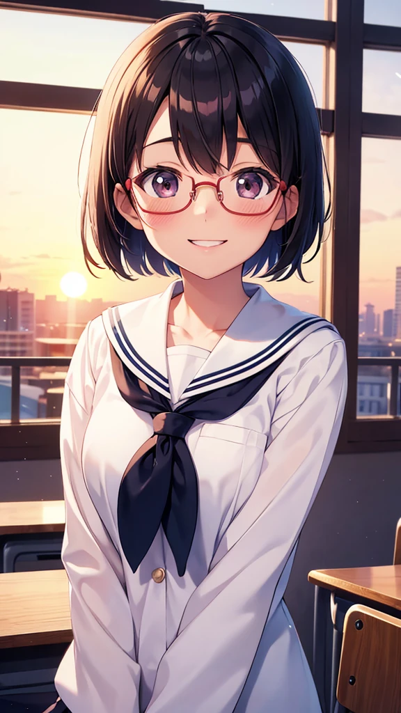 Japanese, One high school girl, School classroom, evening, sunset, short hair, Round Glasses, School Sailor Uniform, Smiling Kindly, blush, high quality, High resolution, High resolution, masterpiece , Upper Body