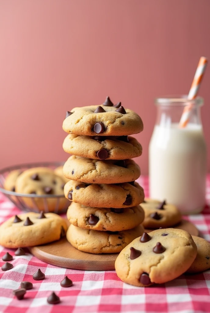 chubby chocolate chip cookies ,in a column, and some cookies around it, With more details, Characteristics, Crispy, golden brown, a glass of milk a pink checkered tablecloth