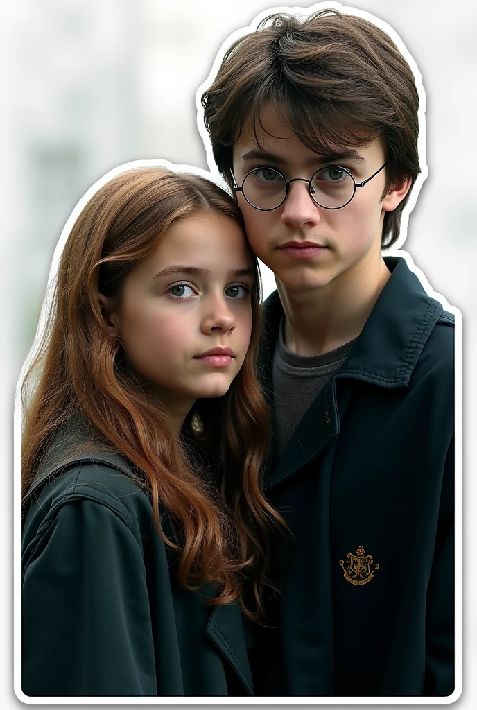 Create a sticker with white borders from a scene from the Harry Potter movie where 2 characters, boy and girl, appear. in high resolution with a blurred background, cinema image and hyperrealism.