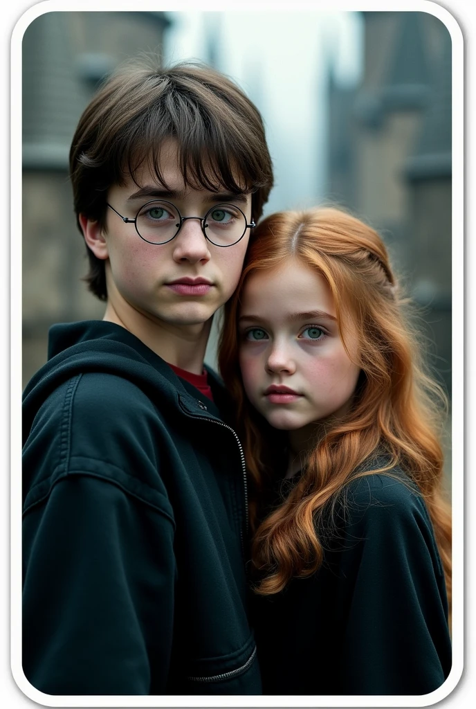 Create a sticker with white borders from a scene from the Harry Potter movie where 2 characters, boy and girl, appear. in high resolution with a blurred background, cinema image and hyperrealism.