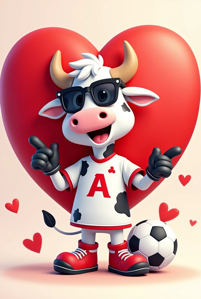 A 2000s cartoon style team mascot. It will be a white cow with black spots in the shape of a heart., She looks funny but nice, with sunglasses and sportswear and that has a "a" on the chest and on the foot a soccer ball, all this with him by my side, pointing to a big heart. the background colors will be red and white, make mini details that contain hearts