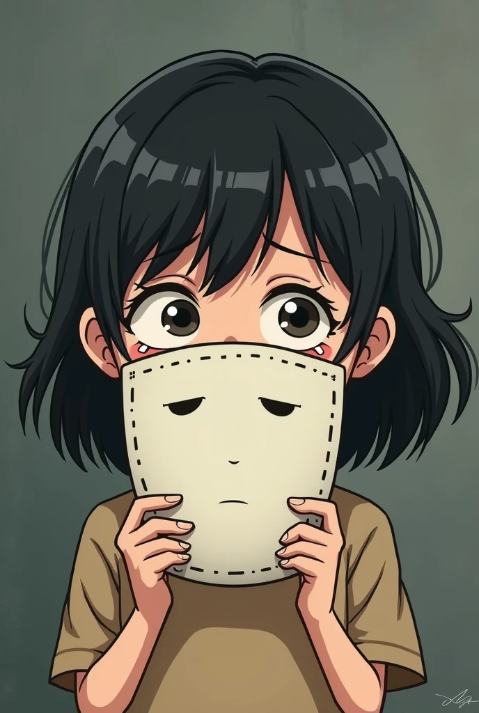 Make a cartoon with the theme of a sad girl trying to hide behind a mask