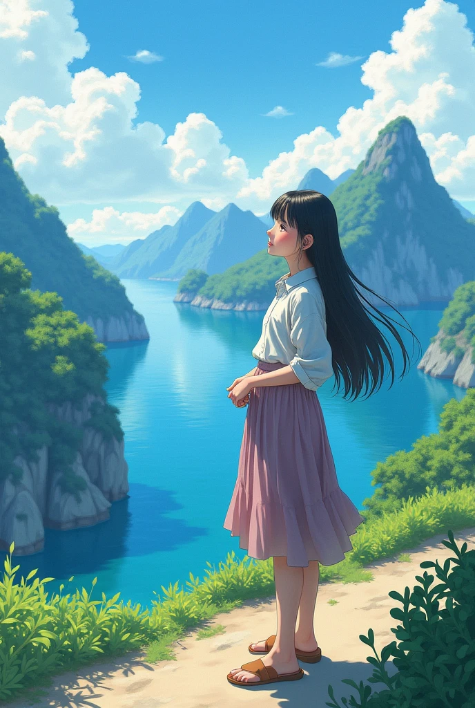 (masterpiece:1.5),(best quality:1.5),(ultra-detailed:1.3),(illustration:1.2),(8k wallpaper:1.2),(best quality:1.2),(highly detailed:1.2),(foreshortening),(photoreal),(photorealistic),(unreal engine),(highres:1.2),(oil painting:1.05),(crosshatching)(best quality:1.1),(hyperrealistic:1.1),(extremely fine,beautiful),, panorama,, 1girl,, (blouse and layered skirt), , smile,, stand,, (on okinoshima),, japan,okinoshima