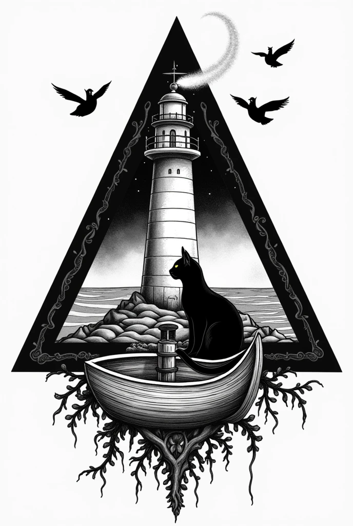 I want an image without realism and with the tattoo style with a lighthouse, A boat and a black cat inside a black and white triangle