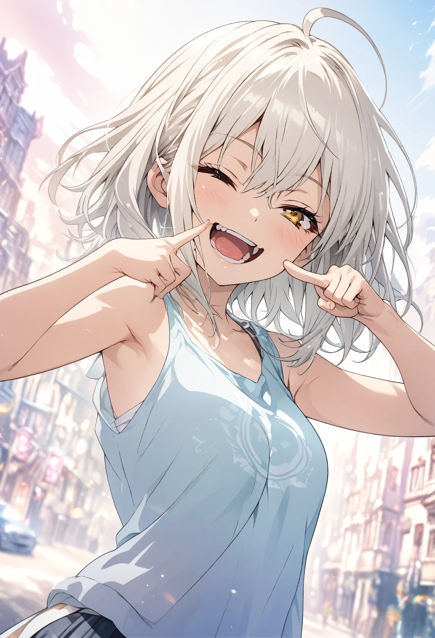 masterpiece, Highest quality, Highly detailed CG Unity 8K wallpapers, High School Girl Anime Illustration. Wear an oversized tank top、Finger gun pose、she has her eyes closed and mouth open, smile. The background is a light pastel colored landscape., white hair color, Yellow Eyes, Deep depth of field