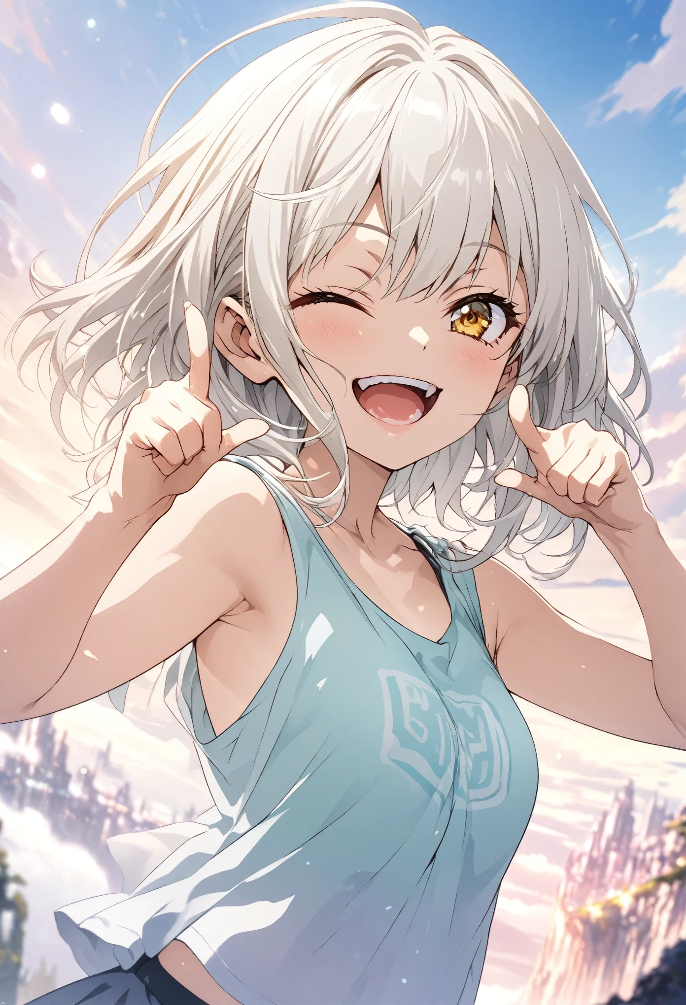 masterpiece, Highest quality, Highly detailed CG Unity 8K wallpapers, High School Girl Anime Illustration. Wear an oversized tank top、Finger gun pose、she has her eyes closed and mouth open, smile. The background is a light pastel colored landscape., white hair color, Yellow Eyes, Deep depth of field