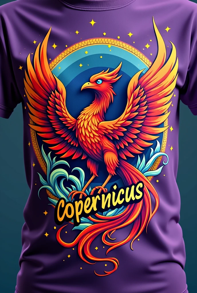 Make a purple t-shirt with the hem of a white t-shirt, with a red phoenix with blue details, oranges and yellows , writing "Copernicus" in yellow with a black outline with star details