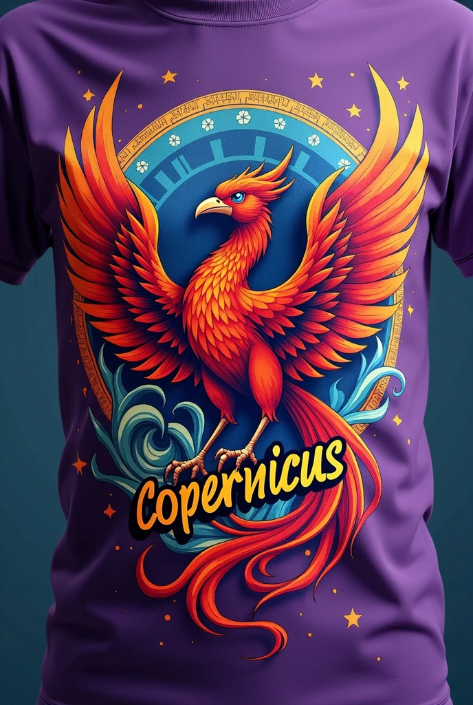 Make a purple t-shirt with the hem of a white t-shirt, with a red phoenix with blue details, oranges and yellows , writing "Copernicus" in yellow with a black outline with star details