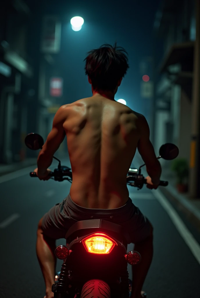 1boy、Photo Quality、Cute handsome man、Mash Hair、Japanese male, 、Completely naked、Full nudity、erection、Huge penis、Highest quality、Realistic、beautiful、Rear view of a person riding a motorcycle、Completely naked、Butt Exposed、night、darkness