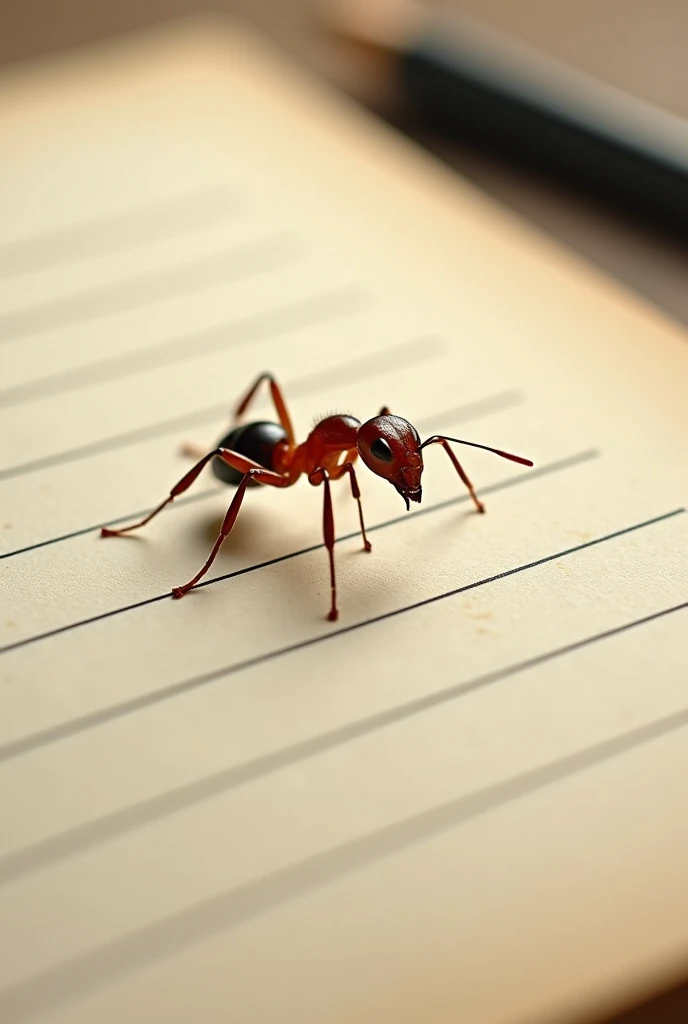 An ant on a sheet of lined paper