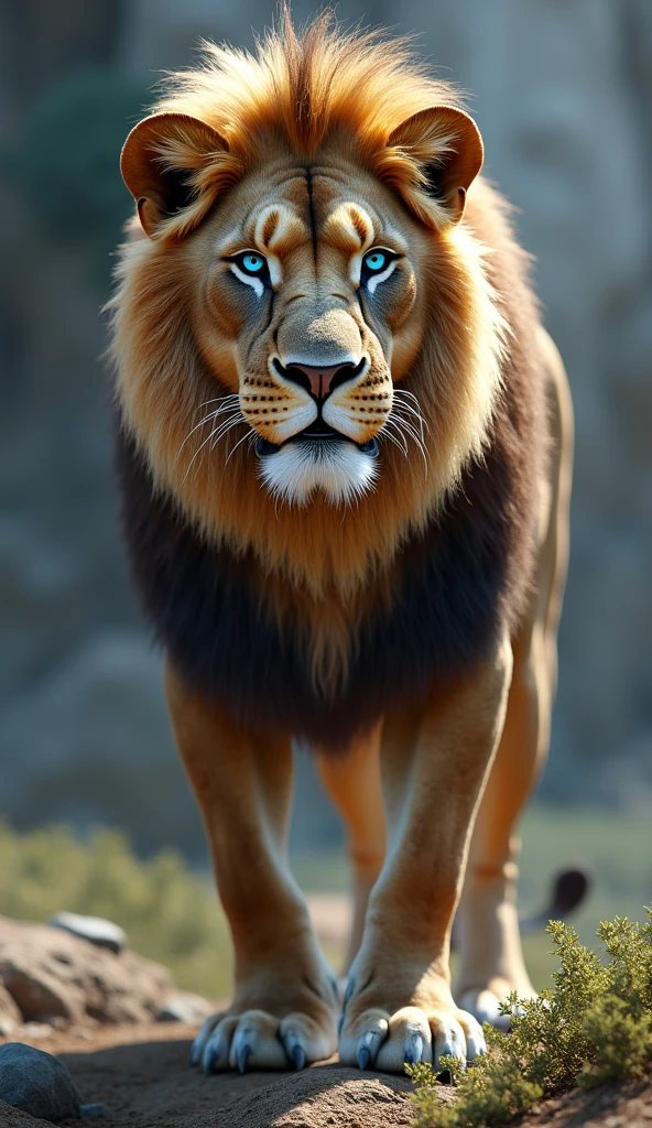 Create an ultra realistic 8k image of a big strong blue-eyed lion 