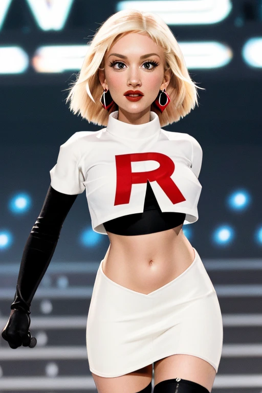 The face of Gwen stefani, 1girl, solo, team rocket,team rocket uniform,white skirt,red letter R,crop top,black thigh-highs,black elbow gloves, earrings, large breasts,