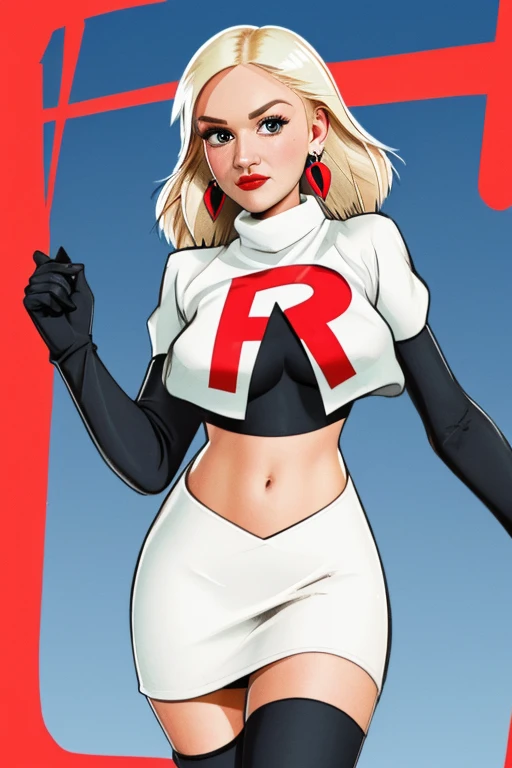 The face of Gwen stefani, 1girl, solo, team rocket,team rocket uniform,white skirt,red letter R,crop top,black thigh-highs,black elbow gloves, earrings, large breasts,