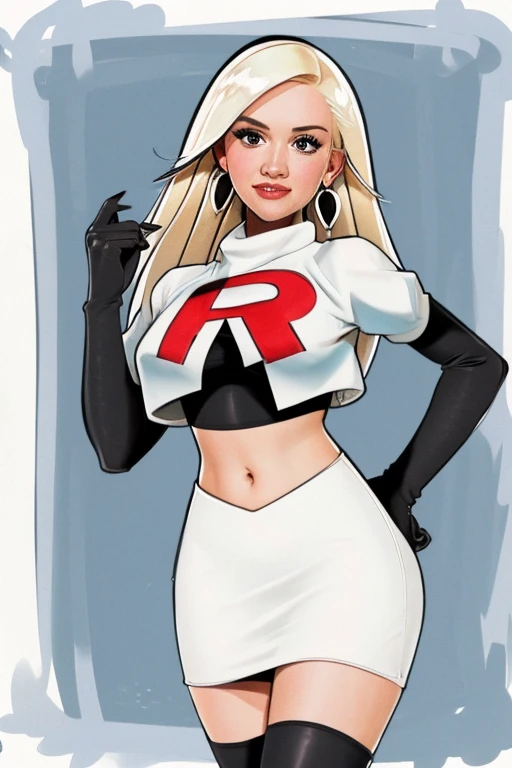 The face of Gwen stefani, 1girl, solo, team rocket,team rocket uniform,white skirt,red letter R,crop top,black thigh-highs,black elbow gloves, earrings, large breasts, 