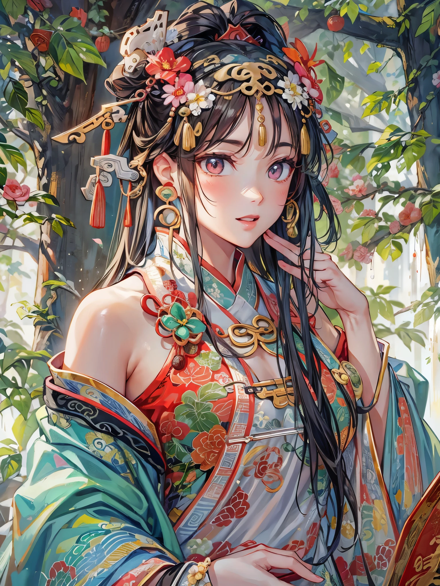 ((Highest quality)),(Ultra-high resolution),(Super detailed),(Detailed Description),((The best CG)),(masterpiece),Highly detailed art,(Art with precise detail:1.5), (Paintings inspired by ancient China:1.6), (Standing Woman:1.5, Beautiful and well-proportioned face:1.3, light makeup),(China dress:1.4, Embroidery inspired by nature:1.3),Fine ornaments, stream,breeze,Sunlight filtering through the trees