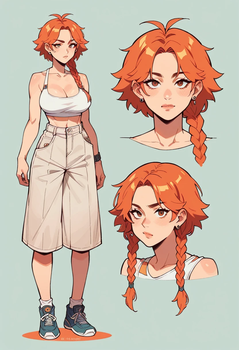 (masterpiece, top quality, Best Quality), art,1 girl,Whole body,
Character Design,concept character sheet, face, modern design, 1 woman,sexy concept,orange hair,braided hair , big breasts