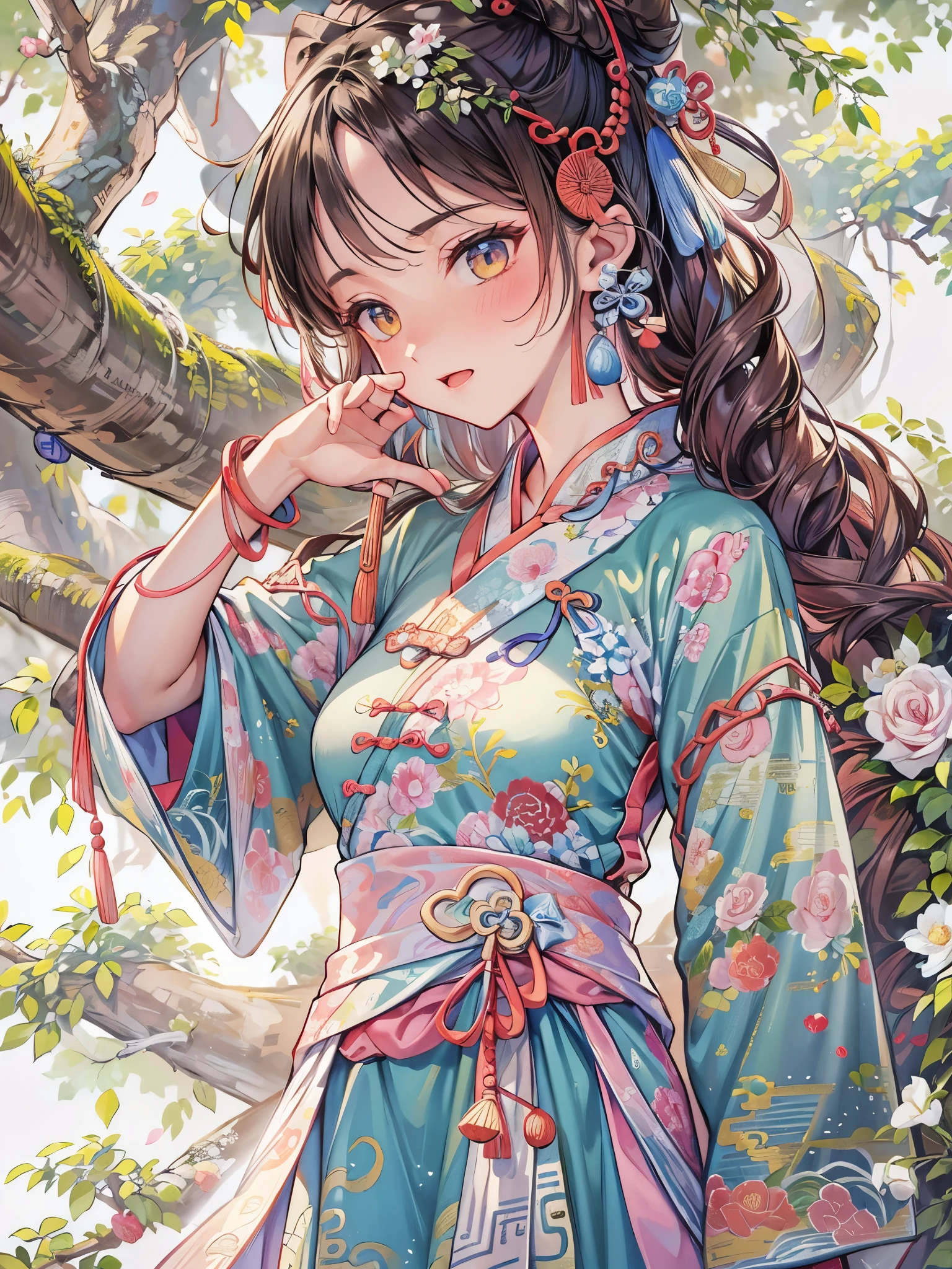 ((Highest quality)),(Ultra-high resolution),(Super detailed),(Detailed Description),((The best CG)),(masterpiece),Highly detailed art,(Art with precise detail:1.5), (Paintings inspired by ancient China:1.6), (Standing Woman:1.5, Beautiful and well-proportioned face:1.3, light makeup),(China dress:1.4, Embroidery inspired by nature:1.3),Fine ornaments, stream,breeze,Sunlight filtering through the trees