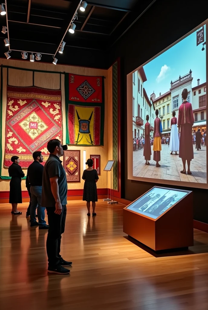 MUSEUM ROOM WITH MODELS OF THE AREA, MURALS OF TYPICAL TEXTILES AND TREJES , INTERACTIVE SCREENS WITH VIRTUAL REALITY ,WALL PROJECTOR WITH PHOTOS OF THE HOSTIRIA OF TYPICAL COSTUMES AND WITH WARM LIGHT